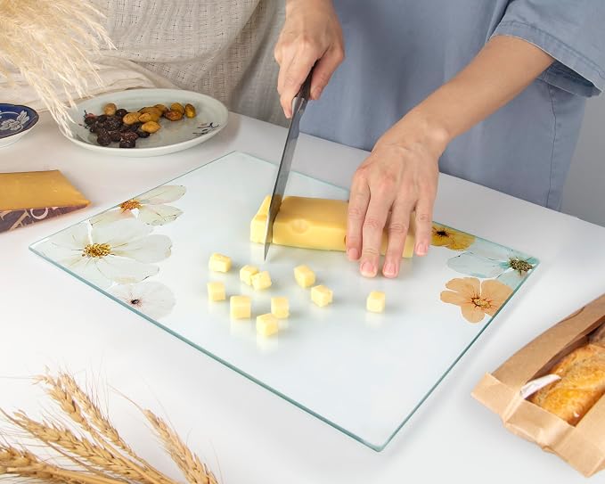 Glass Cutting Board 16"x12": Tempered Glass Kitchen Counter Protector - Durable- Scratch-Resistant, Heat-Proof - Design 5 - Floral Design