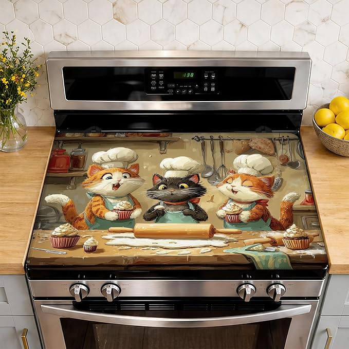 Cute Cat Chef Stove Top Cover Glass Cooktop Heat Resistant Cover,Ceramic Stove Top Covers Mat Prevents Scratching Stoves/Counter/Washer Protector,28.5x20.5 in
