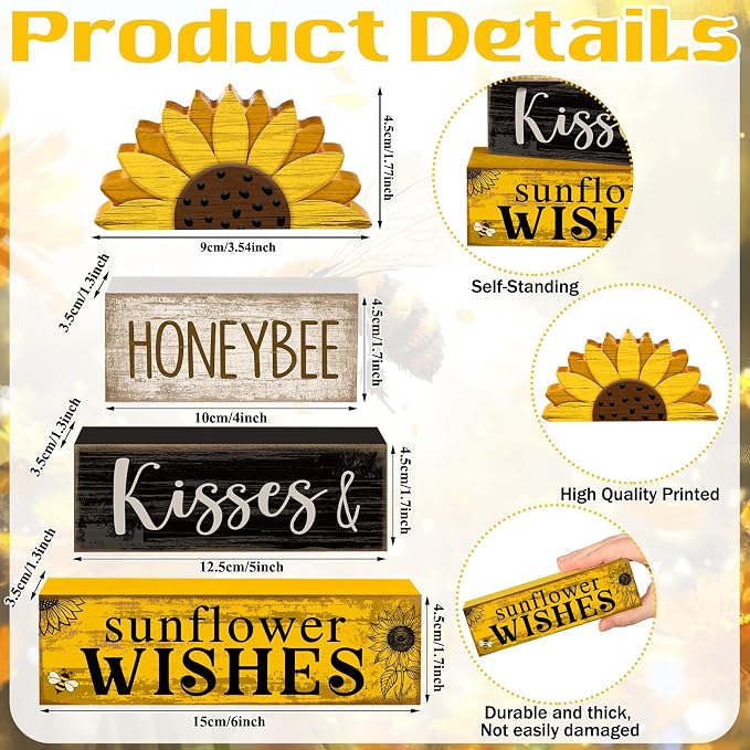 Lineshading 4 Pcs Sunflower Table Decor Farmhouse Summer Tiered Tray Decor | Stackable Rustic Block Signs with Honeybee Sunflower Wishes Theme, Tabletop Shelf Decoration for Farmhouse Gift