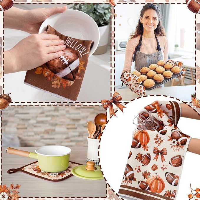 Fourluoo 10 Pcs Fall Football Kitchen Decor Set for Cooking Baking | Includes 2 Polyester Rugs, 4 Microfiber Towels, 2 Pot Holders, 2 Plus Foam Insulated Oven Mitts for Daily Kitchen Tasks.