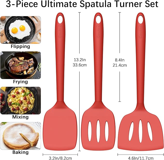 Coukre 3 Pack Silicone Spatula Set, Heat Resistant to 500°F, BPA-Free | Fish Spatula, Solid & Slotted Turners, Dishwasher Safe, Spatula Set for Eggs, Pancakes, Fish & Burgers, PureRed