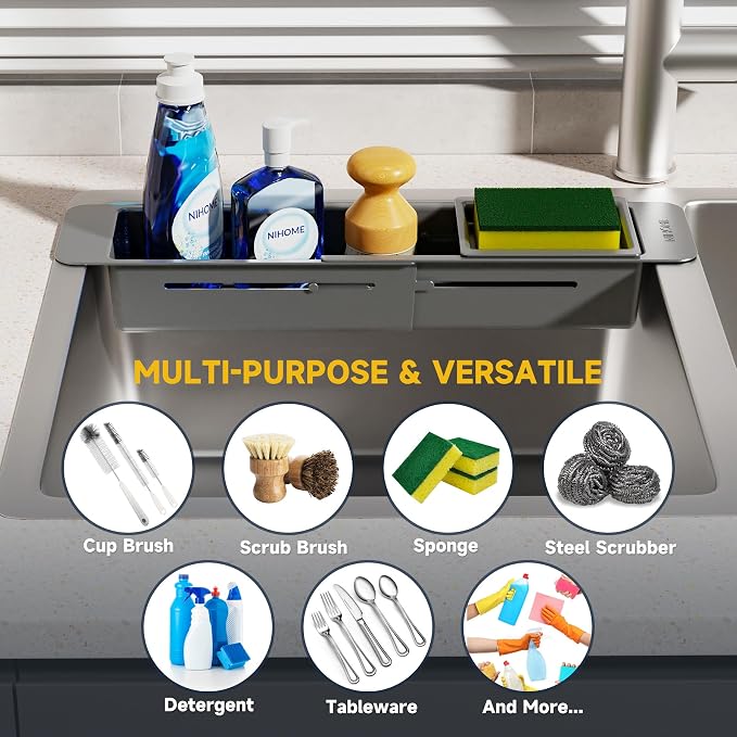 NiHome Extendable Kitchen Sink Caddy, Small Brush Sponge Storage Holder | Expandable Kitchen In Sink Organizer for Brush & Sponge w/ Drainage, Adjustable Length, Non-Slip Pads Durable ABS (Dark Gray)