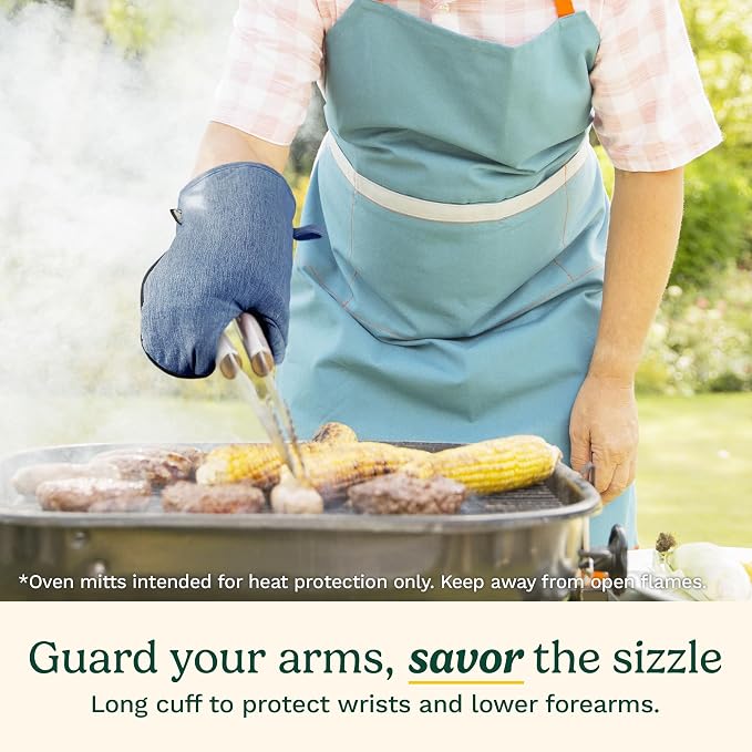 Cuisinart Chambray Kitchen Oven Mitts, Heat-Resistant, 2-Pack, 7"x13" | Non-slip neoprene palm grips up to 350°F, long cuff shields forearms, hang loop for storage, handles cast iron and grilling