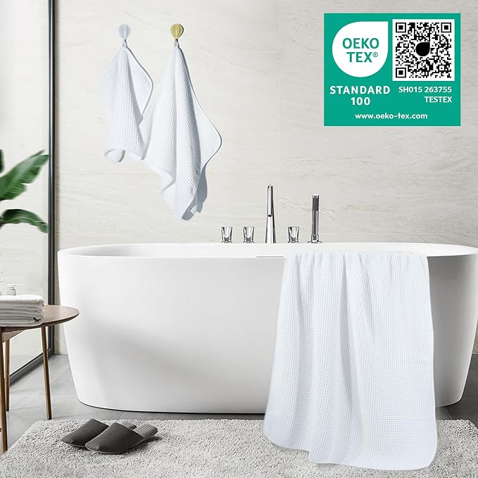 POLYTE 430 GSM Poly Blend Microfiber Quick Dry Waffle Bath Towel Set of 6 | 2-Body Towels, 2-Hand Towels, 2-Wash cloths, Oversize, Lint Free