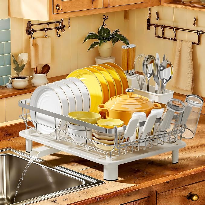 MOUKABAL Stainless Steel Dish Drying Rack for Kitchen Counter, White Silver | 13×17 Large Capacity/Drainboard with Rotating Spout/Removable Cup & Utensil Holders/Fast Drainage/Countertop Dish Drainer