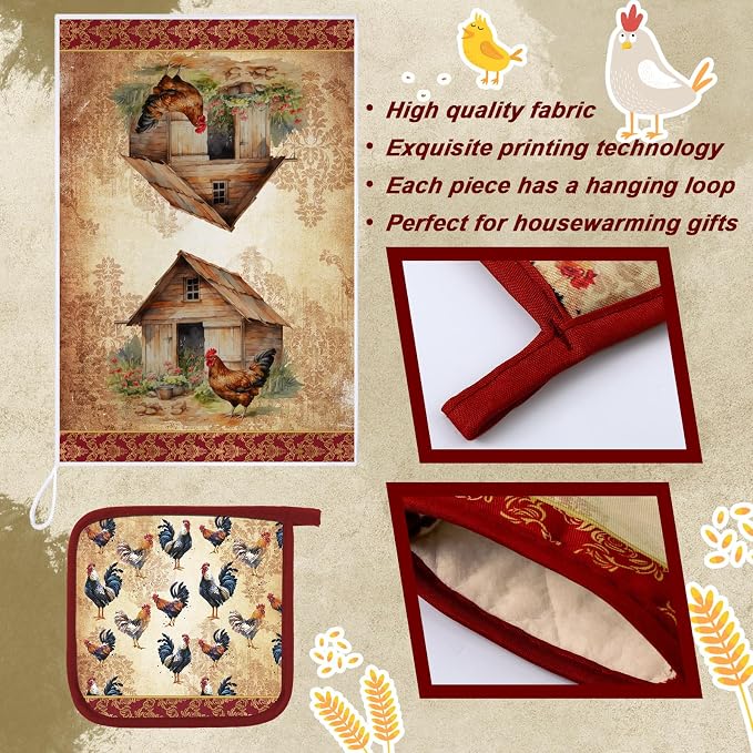 Leinuosen 6 Rooster Farmhouse Kitchen Decor Dish Towels Oven Mitts and Pot Holders Sets Chicken Kitchen Towels Absorbent Decorative Accessories for Cooking Baking Grilling