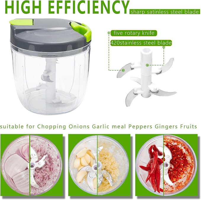 Manual Food Processors & Chopper with Cover and Handle, Manual Onion Chopper Slicer Cutter, Vegetable Chopper, Suitable for Garlic Carrots Onions Peppers Fruits Mincing.（900ML）