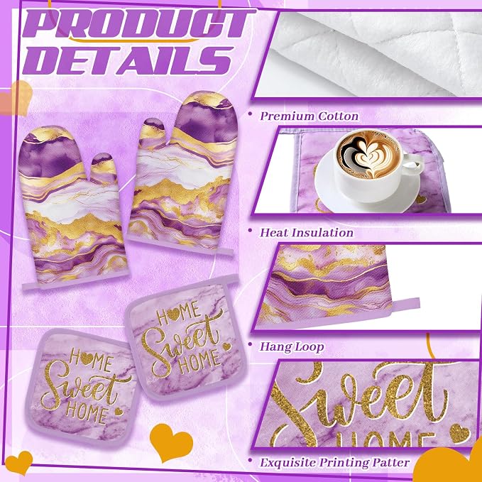 Bencailor 6 Pcs Purple Kitchen Decor Marble Dish Towels Oven Mitts and Pot Holders Modern Purple Marble Kitchen Set for Baking Cooking Grilling Cleaning Supply Accessories