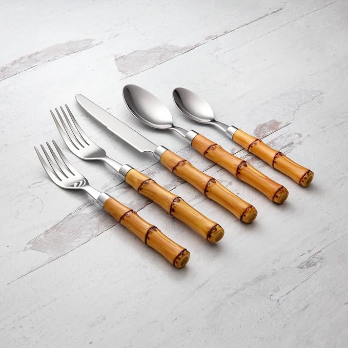 Cambridge Bamboo Plastic Handle 20-Piece Silverware Set for 4, Flatware | silver, dishwasher safe | includes knives, forks, and spoons | heavy duty, cutlery set for kitchen and dining, utensil set