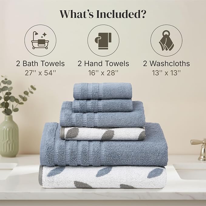 Modern Threads 6 Piece Bath Towel Set – Bathroom Set with 2 Bath Towels, 2 Hand Towels, and 2 Wash Cloths – 100% Cotton, Super Absorbent & Extra Soft – Reversible Natural Vine (Blue)
