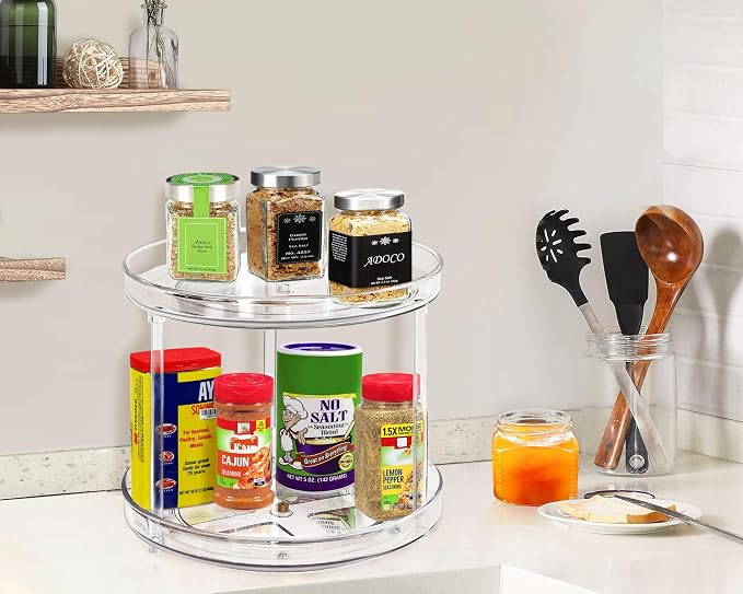 2 Tier Lazy Susan Bathroom Organizer, 9.25Inch Clear 360 Rotating Makeup Organizer for Vanity, Skincare Organizers Perfume Organizer, Spice Rack Organizer for Cabinet- Home Organization and Storage | Clear 360 Rotating Makeup Organizer for Vanity,Skinc...