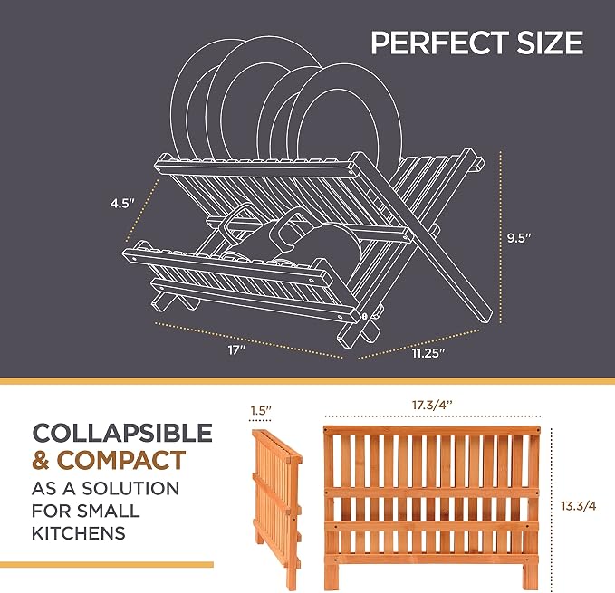 Bambüsi Collapsible Dish Drying Rack, Foldable Kitchen Counter Dish Drainer | Dish Rack Folds Flat, Space-Saving Bamboo Strainer, No Assembly, Holds Plates Cups Bowls Mugs Utensils, for Home, RV, Dorm
