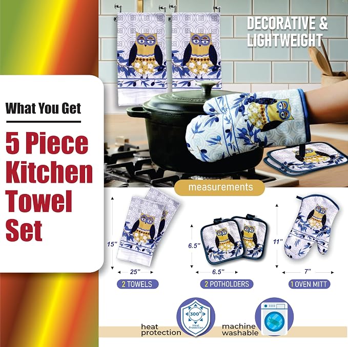 Lobyn Value Pack Whimsical Blue Owl, 5 Piece Set | Kitchen Towel Set with 2 Decorative Dish Towels (25 X15), 1 Oven Mitt (11 X 7) and 2 Potholders (6.5 X 6.5)