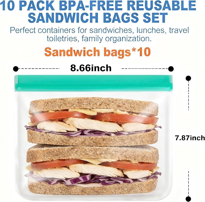 10 Pack Reusable Sandwich Bags, BPA-Free PEVA, Washable Food Bags | 10 BPA-free PEVA bags with double-zip seals; freezer and dishwasher safe for sandwiches, lunches, snacks, and meal prep
