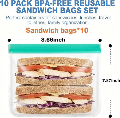 10 Pack Reusable Sandwich Bags, BPA-Free PEVA, Washable Food Bags | 10 BPA-free PEVA bags with double-zip seals; freezer and dishwasher safe for sandwiches, lunches, snacks, and meal prep