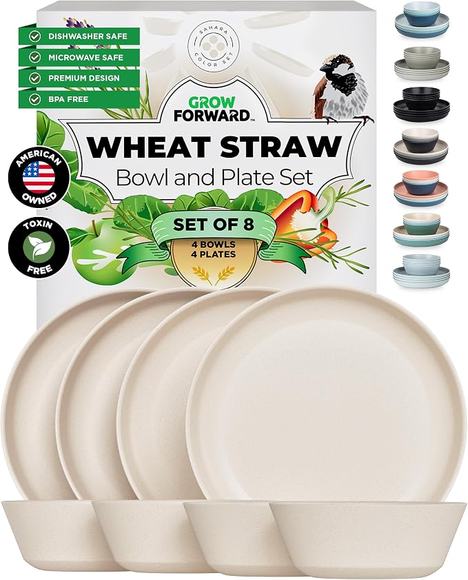 Grow Forward Premium Wheat Straw Plates and Bowls Sets - 8-Piece Wheat Straw Dinnerware Sets - Unbreakable & Reusable Microwave Safe Plastic Dinner Plates for Outdoors, RV, Camping Dishes - Sahara