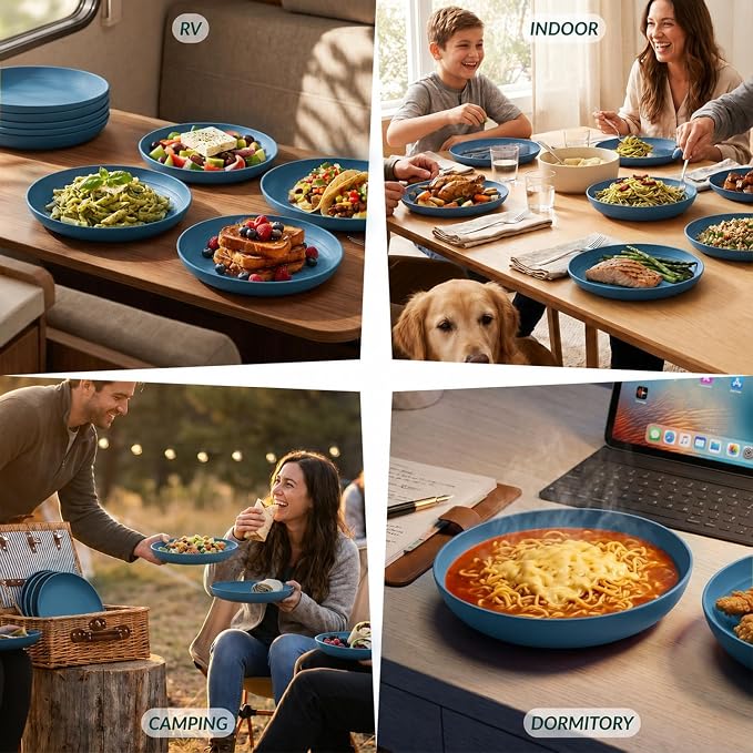 Unbreakable 8 Pcs Deep Dinner Plates Reusable Plastic Wheat Straw Plates Set Lightweight Kitchen Plates for Salad, Lunch, Dessert, Microwave & Dishwasher Safe Plates for Camping (Blue, 9 In)