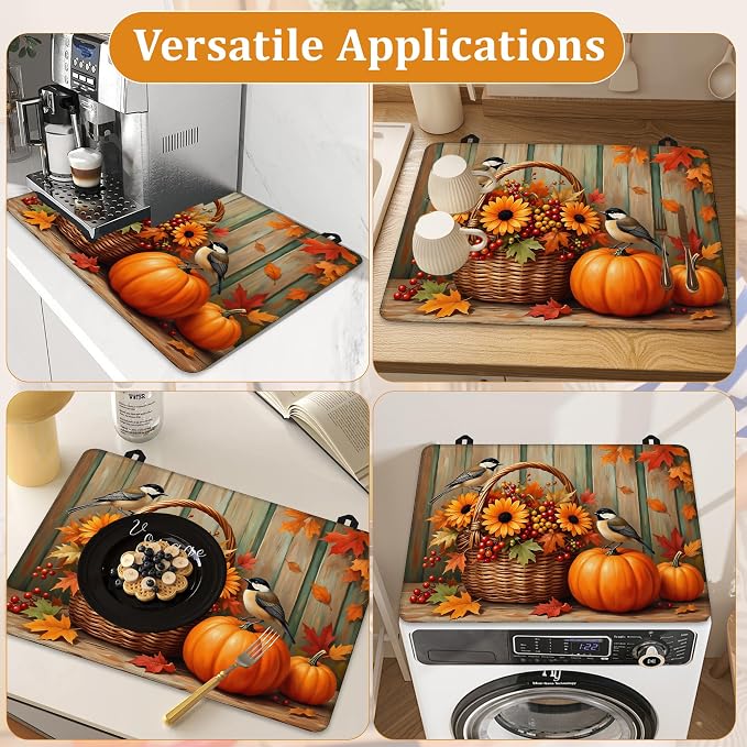 Fall Flowers Pumpkin Glass Top Stove Cover Protector,Cute Bird Stove Top Covers for Electric Stove,Washable Heat Resistant Cooktop Mat Anti-Slip Range Covers, 28 x 20 Inch