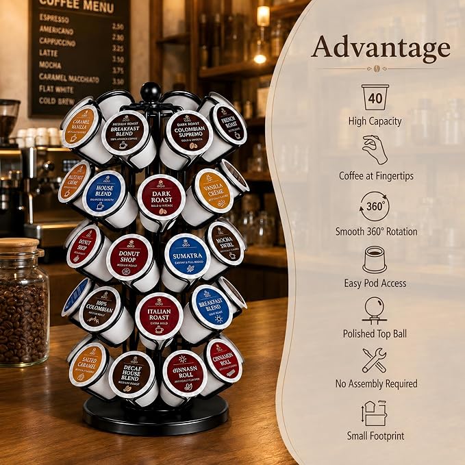 K Cup Holder, Coffee Pod Holder Storage Organizer Stand, 40 Pods Carousel | K Cup Carousel,Polished Top Ball,360°Rotating K Cup Organizer,Stable Base,Space-Saving for Countertop,No Assembly Required