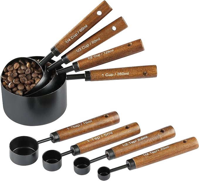 Measuring Cups and Spoons Set, 8PCS Stainless Steel Metal Measuring Cups, Walnut Wood Handle, Black Plated, For Dry and Liquid Ingredients
