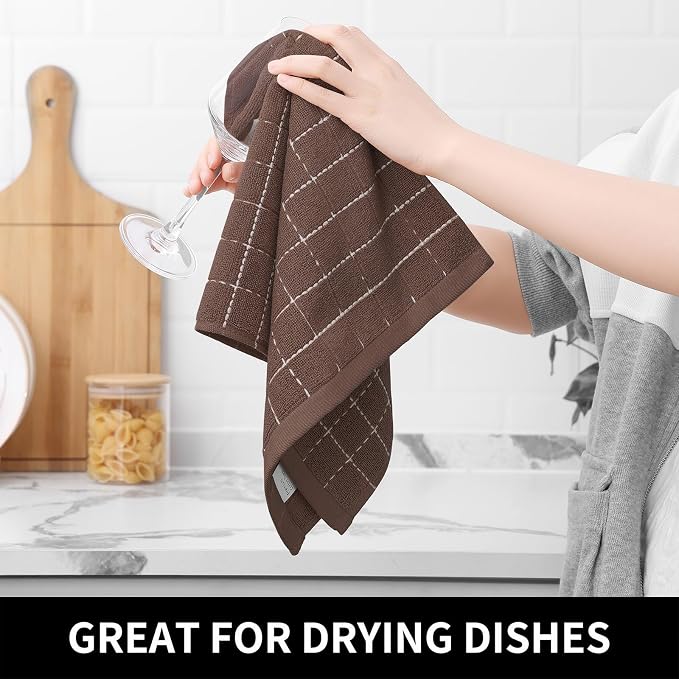 Homaxy Kitchen Towels and Dishcloths Set, Set of 8, Brown | Bulk Cotton Terry Kitchen Towels, Checkered Designed, Soft and Super Absorbent Dish Towels, 12 x 12 and 13 x 28 Inches