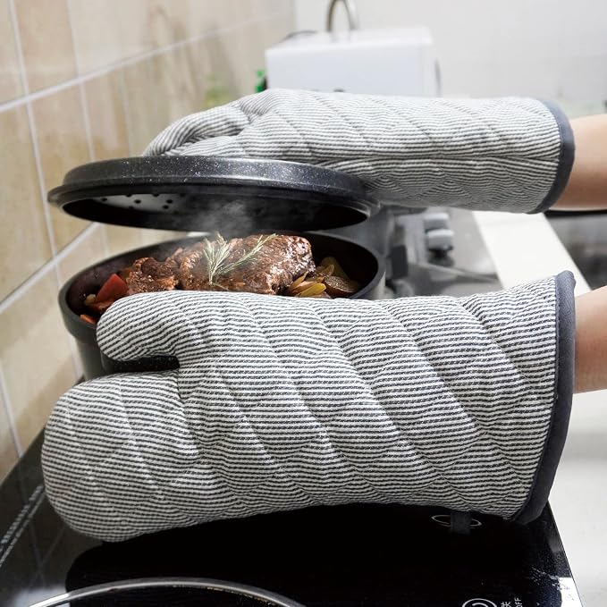 Yarn Dyed Oven Mitts 1 Pair, 100% Cotton Heat Resistant 470 Degree | Oven Gloves for Men Women Cooking Baking Barbecue BBQ Microwave Crafting Machine Washable Pot Holders Mittens (Grey 2)