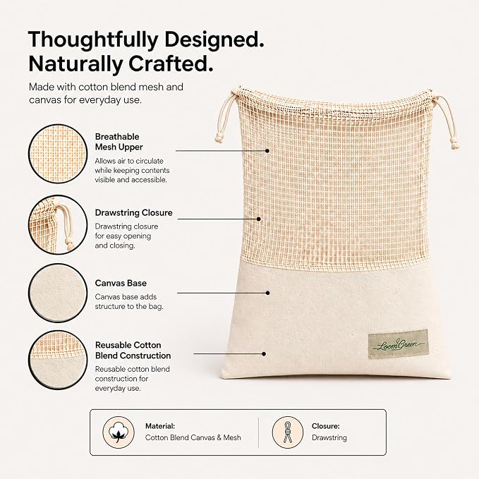 Multi-Purpose DrawString Bags - Canvas and Cotton Mesh Bags | Reusable Grocery, Laundry, Travel Organizer
