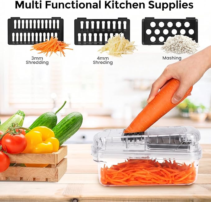 Yusshn Vegetable Chopper, 12-in-1 Food Veggie Chopper Cutter with Container | 7 Sharp Blades Dice, Slice, Shred and Grate for Salads, Onions and Meal Prep, with a Non-Slip Base and Drain Basket