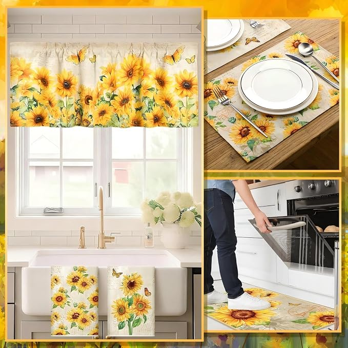 16 Pcs Farmhouse Sunflower Kitchen Decor Set 4 Kitchen Towels 2 Non Slip Rugs and Mats for Floor 4 Placemats 2 Curtains 2 Rustic Oven Mitts Gloves 2 Pot Holders for Home Decor Mom Cooking Gift