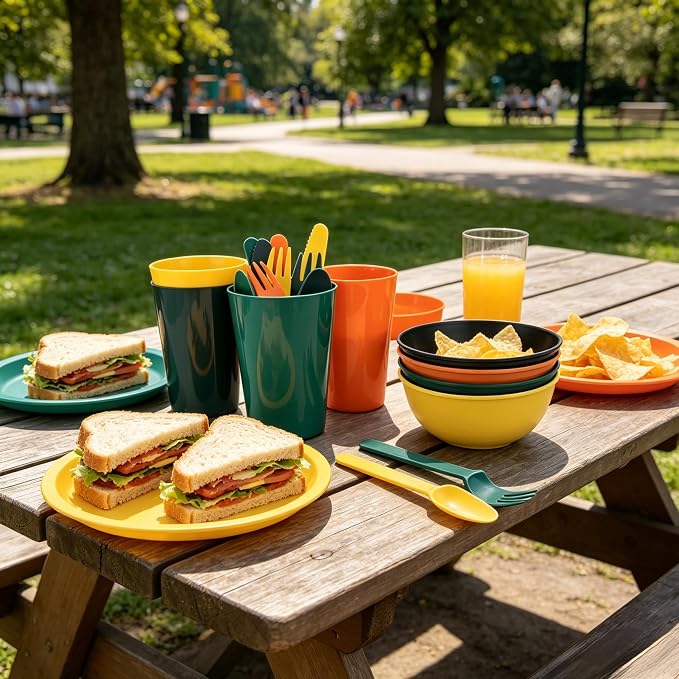 Plastic Plates and Bowls Sets Dinnerware Set Dishes Set for 4,College Dorm Room Essentials,Camping Plates and Bowls with Tumbler,Knives,Forks and Spoons,Mess Kit,Microwave Safe,BPA Free-Multicolor
