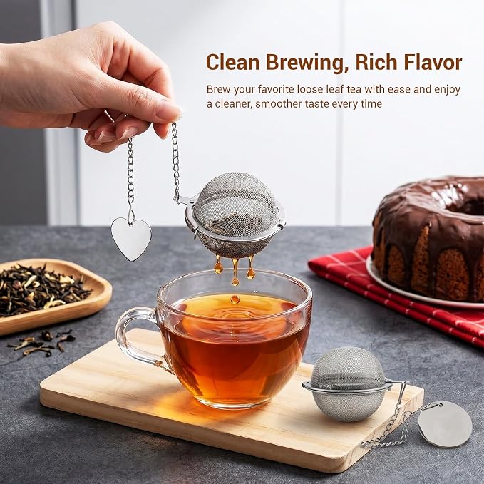 Tea Infuser for Loose Leaf Tea, 2 Pack Stainless Steel Tea Ball | 2 inch extra fine mesh tea strainer with 304 stainless steel, 2 heart charms, 2 round charms and tea scoop clip