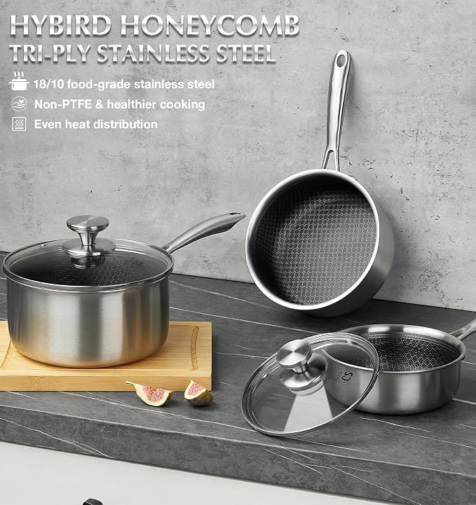 KOCH SYSTEME CS Hybrid Nonstick Stainless Steel Saucepan Set, 1QT & 2QT Triply Stainless Steel Saucepan Set with Hybrid Nonstick Honeycomb Interior, 4-Piece Sauce Pans, Induction Steel Pot Set