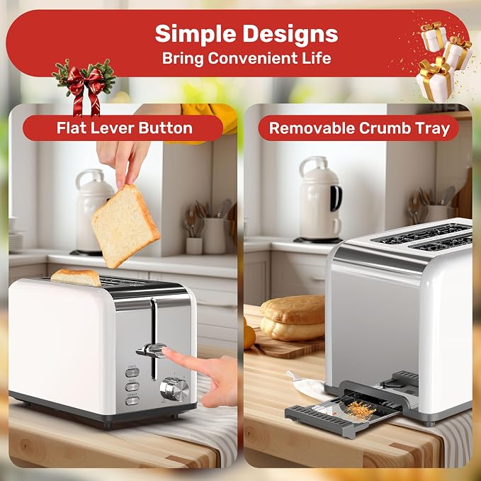 YSSOA Stainless Steel Toaster 2 Slice with Extra Wide Slot & Removable Crumb Tray, 6 Shade Settings and Bagel/Defrost/Cancel Functions, Compact Oven, for Various Bread & Waffle, White New