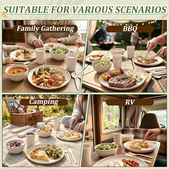 PYRMONT 28 Piece Wheat Straw Dishware Sets Unbreakable Plates and Bowls Sets for 4 Plastic Dishes Set Alternative Microwave & Dishwasher Safe Bowls for Kitchen,Picnic Set-Beige