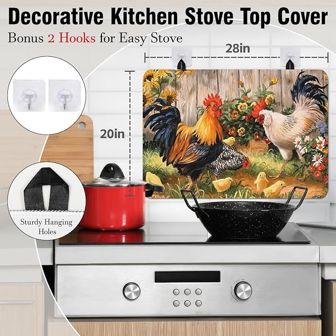 Rooster Stove Top Cover for Electric Stoves,Sumflowers Farmhouse Glass Stove Top Cover for Kitchen Decor,Heat Resistant Cooktop Protector Mat,Non-Slip Washable Dish Drying Mat 28"x20"