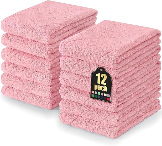 Homaxy 12 Pack Super Soft Absorbent Dish Towels, 10" x 20", Pink | Coral Velvet, Nonstick Oil Fast Drying Microfiber Cleaning Cloth, No Lint Dishcloths for washing and drying