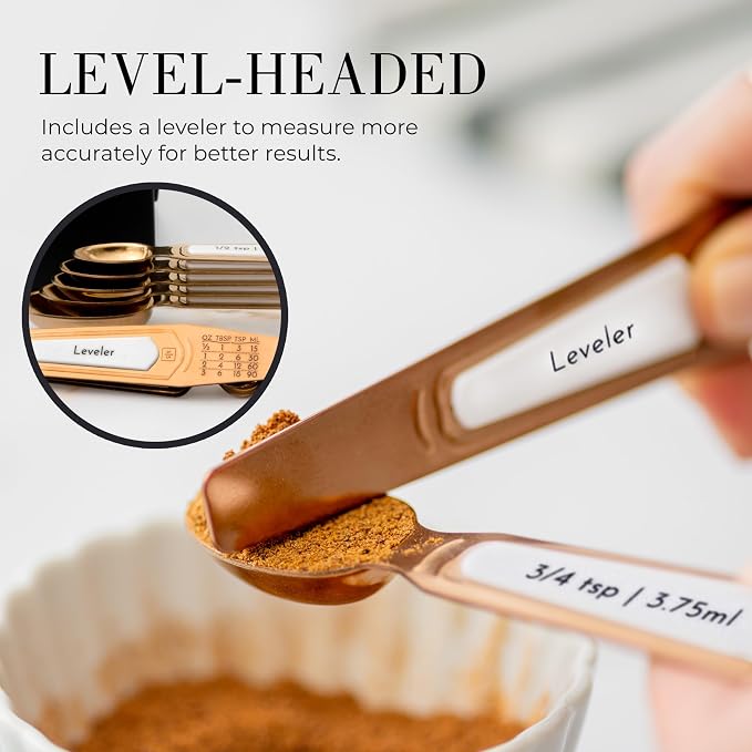 Styled Settings Copper Measuring Spoons Set with Leveler, 8-Piece | Double-Sided Nesting Magnetic Measuring Spoons, Stackable & Spice Jar Friendly -Stylish Copper Kitchen Accessories for Baking
