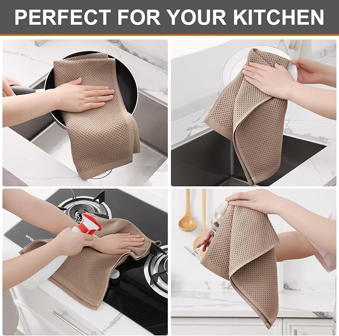 Kitinjoy 100% Cotton Waffle 4-Pack Kitchen Towels, 13" x 28", Tan | Super Soft, Ultra-Absorbent, Fast Drying, lightweight, Quick Drying Kitchen Hand Towels