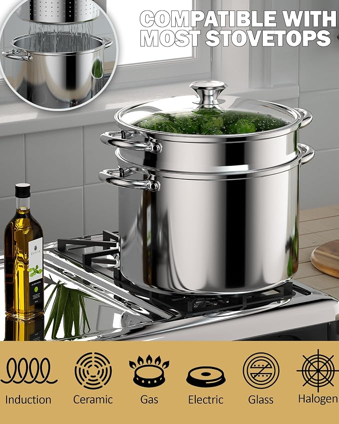 Cook N Home 8 Quart Stainless Steel Pasta Pot with Strainer Lid 3-in-1 Pots | Steamer Basket, Pasta Strainer, Stock Pot with Lid - Pasta Cooker Induction Compatible, Dishwasher & Oven Safe