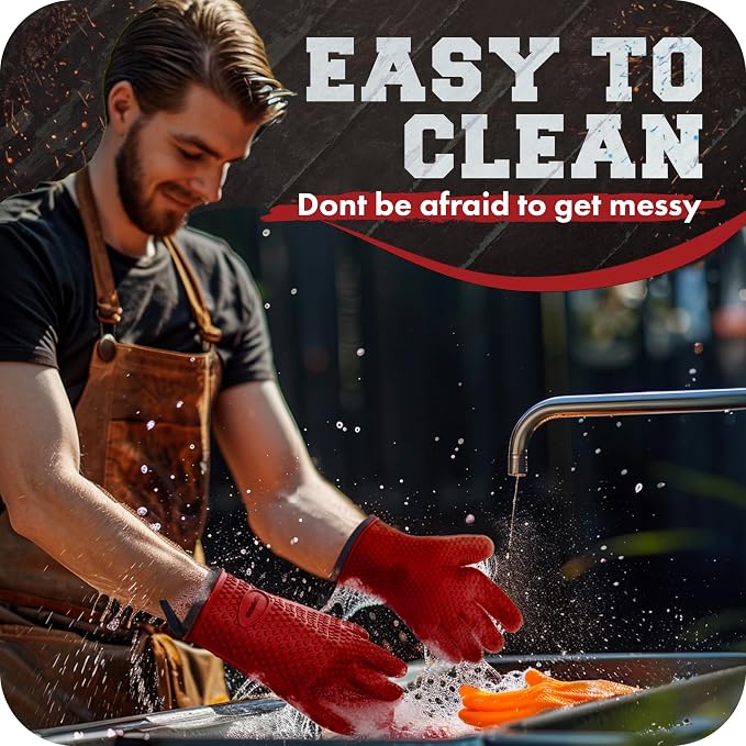 KITCHEN PERFECTION XL Silicone Smoker BBQ Gloves -Heat Resistant Oven Mitts | Waterproof, 5-Finger Design For A Better Grip, for Pitmasters, Meat Smoking, Grilling, Cooking, Frying Turkey | Grill Gift