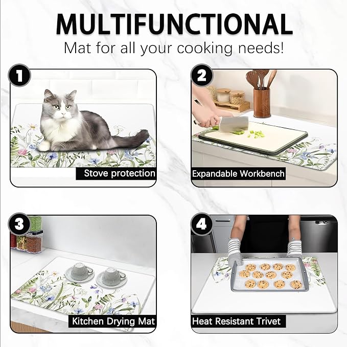Electric Stove Top Cover Protector –Vintage Wild Flowers Glass Flat Top Stove Mat Oven Induction Cooktop Mat for Ceramic Countertop Mats Heat-Resistant Dish Drying Mat