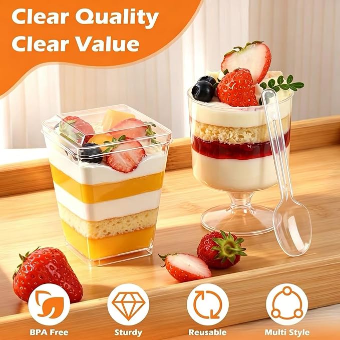 430-Pack 5oz Disposable Clear Dessert Cups with Lids and Spoons | Parfait Cups, Mini Shooter Cups, Square Appetizer Cups, For Party Ice Cream Yogurt Pudding