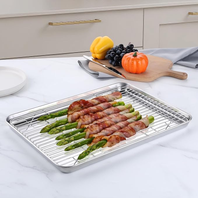 Homikit 16x12 Inches Baking Sheet with Wire Rack Set (2 Pans+2 Racks) | Stainless Steel Cookie Sheets for Baking, Metal Baking Tray Jelly Roll Pan with Cooling Racks, Oven & Dishwasher Safe