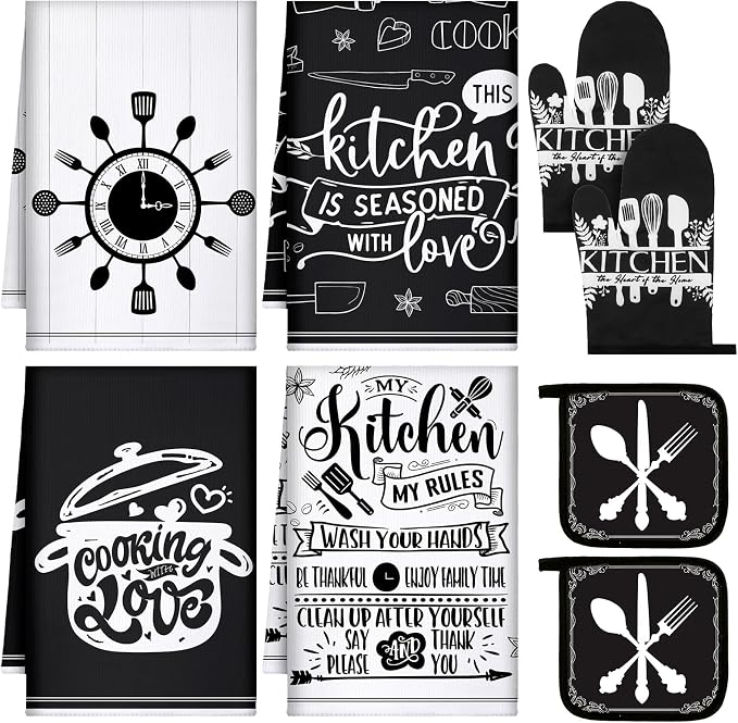 Leinuosen 8 Pcs Cooking Kitchen Decor Accessories Set Farmhouse Towels Oven Mitts Pot Holders Dishcloths Set Kitchen Decorative Absorbent Gloves Potholders for Chef Baking Cooking