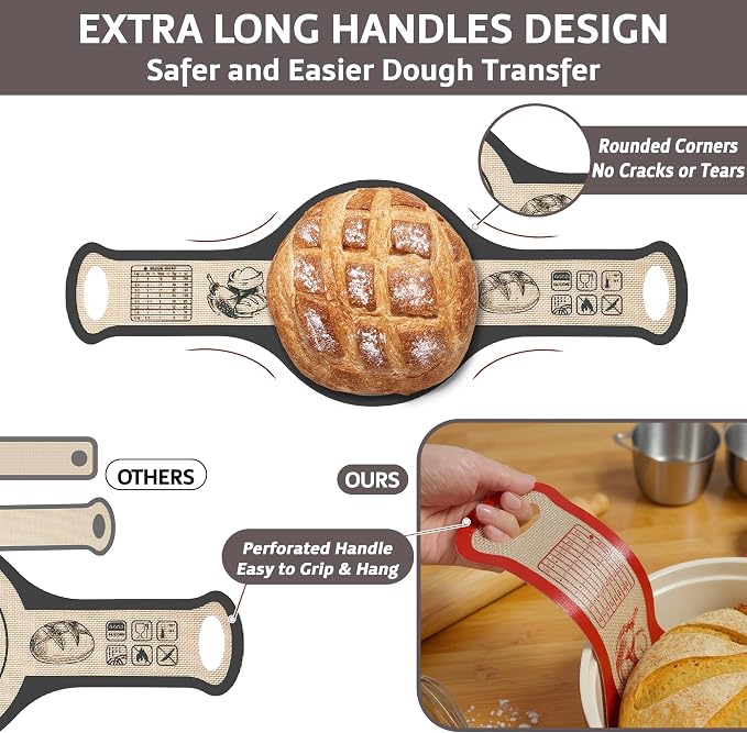 Silicone Bread Sling for Dutch Oven, 2 PCS Non-Stick Reusable Bread Baking Mats with Long Handles, Seamless Design Easy to Transfer Sourdough Sling Silicone Sourdough Sling Dough (Round Gray/Oval Red)