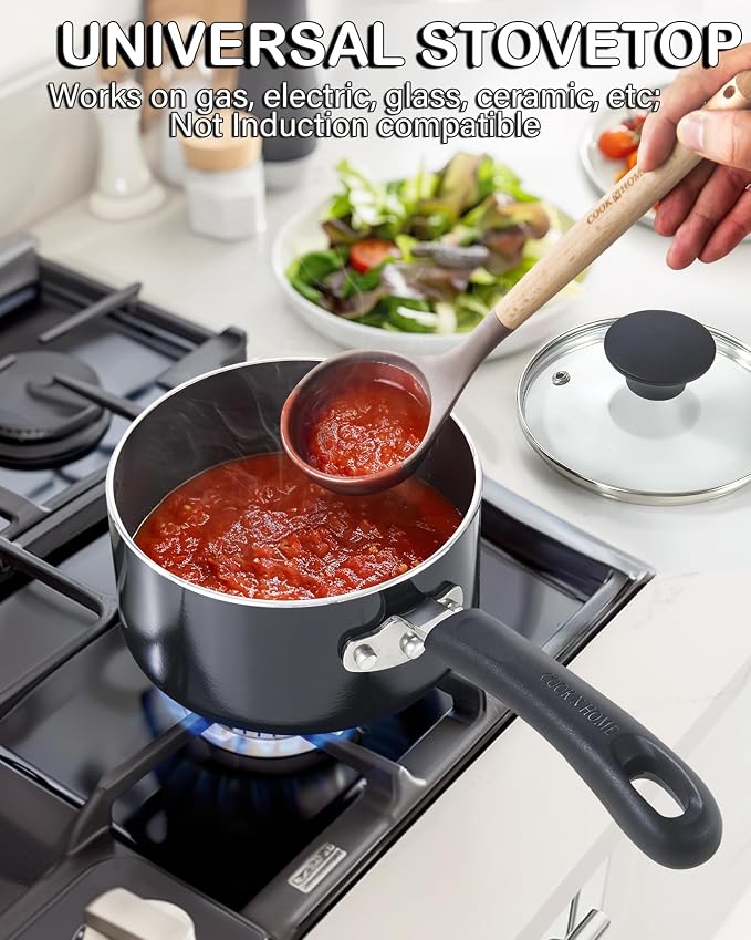 Cook N Home Basic 1 Quart and 2 Quart Nonstick Saucepan Set with Glass Lids, 2-Piece Non Stick Aluminum Sauce Pans, Multi-Purpose Milk Chocolate Cooking Pots with Stay-Cool Handles, Black | 2-Piece Nonstick Aluminum Sauce Pans, Multi-Purpose Milk Choco...