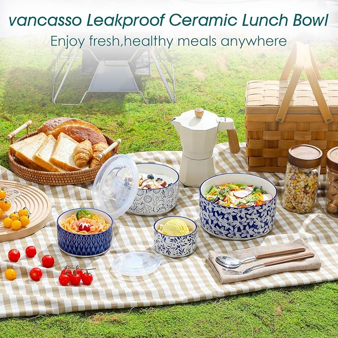 vancasso Ceramic Nesting Bowls with Lids Set of 4, Serving Bowls for Food Storage, Prep Bowl, Ceramic Bowl for Kitchen, Microwave & Dishwasher Safe, 60+36+20+10 Oz, Series SELENE