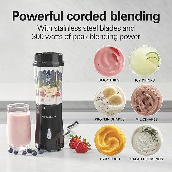 Hamilton Beach Portable Blender for Smoothies With 14 oz. Travel Jar | BPA Free Jar & Lid | Durable Stainless Steel Blades | 300 Watts Peak Power | Personal Smoothie Blender | Black | 51101AG
