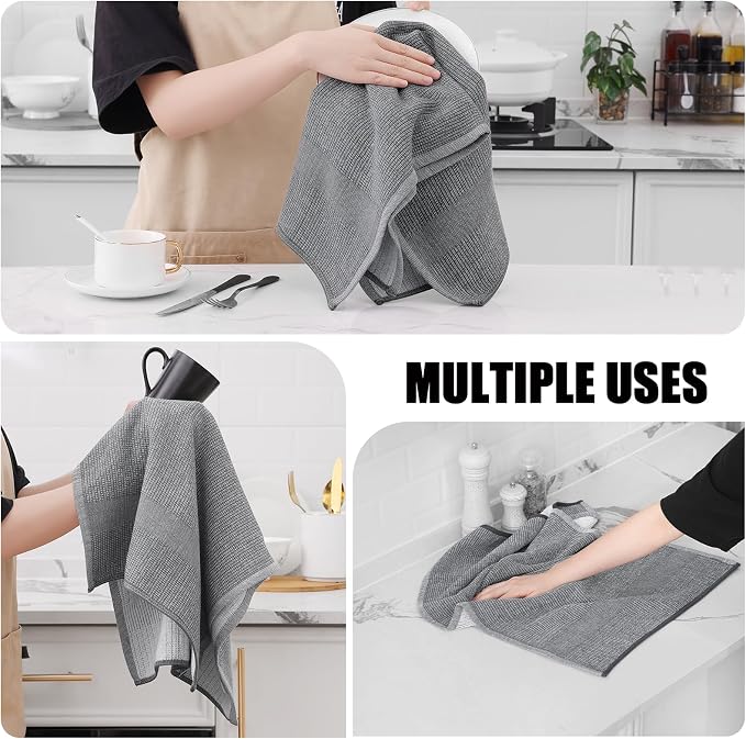 Homaxy 380 GSM Cotton Premium Kitchen Towels 3 Pack, 18"x 28", Grey | Flat and Terry Dish Towels, Highly Absorbent Tea Towel Set with Hanging Loop, Soft Utility Kitchen Hand Towels
