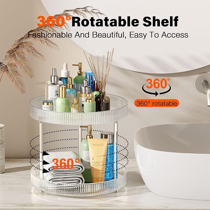 360° Clear Rotating Storage Tray, 2 Tier Lazy Susan Bathroom Countertop Organizer, Cosmetics and Perfume Organizer, Spinning Storage Tray Vanity Organizer Shelf for Bathroom Cabinet, Kitchen(Medium)